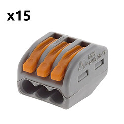 Lot de 15 bornes automatiques à cliquet S222 - 3 entrées – fils rigides et souples 4mm² max - orange - Wago