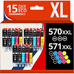 123CONSOMMABLES - 570 571XL - Pack 15 Cartouches d'encre Compatibles avec Canon 570 571 pour Canon PIXMA TS5055 TS5050 MG5750 TS5053 MG6852 MG6850 MG5700 MG5752 MG5753 (6 Noir / 3 Cyan / 3 Magenta / 3 Jaune) 