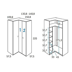 Inside 75 Armoire d'angle équerre porte droite pliante 130,8 x 220 cm finition chêne blanchis