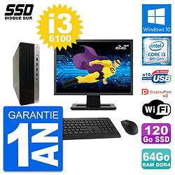 PC HP ProDesk 600 G3 SFF Ecran 22" i3-6100 RAM 64Go SSD 120Go Windows 10 Wifi - Occasion