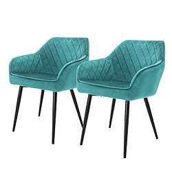 Chaises de salle à manger avec dossier & accoudoirs Lot de 2 Turquoise Revêtement velours avec pieds métal ML-Design