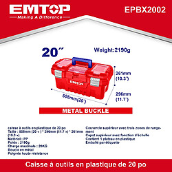 Boîte à outils en plastique EMTOP 20 Charge maximale 20Kg Boucle en métal Poignée haute résistance Couvercle supérieur avec trois zones de rangement Contient 1 plateau en plastique+EMTOP