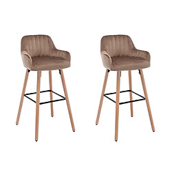 Vente-Unique Lot de 2 tabourets de bar en velours et pieds bois de hêtre - Beige - ELEANA