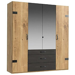 Inside 75 Armoire PORTLAND style industriel 200 cm 4 portes 2 miroirs chêne poutre graphite 