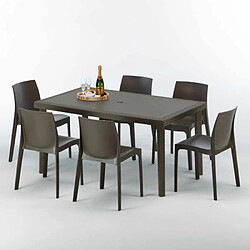 Grand Soleil Table rectangulaire 6 chaises Poly rotin resine 150x90 marron Focus, Chaises Modèle: Rome Marron Moka