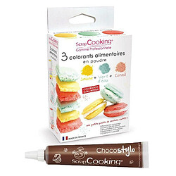 Scrapcooking 3 colorants alimentaires vert d'eau, corail, jaune + 1 Stylo chocolat 