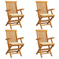 vidaXL Chaises de jardin et coussins crème lot de 4 Bois teck massif