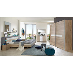 Chambre à coucher complète, imitation chêne, rechampis verre blanc + chrome - Dim : 140 x 200 cm - PEGANE -