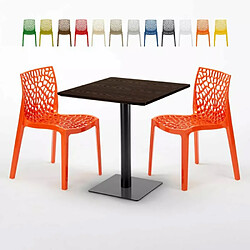 Grand Soleil Table carrée 70x70 plateau effet bois avec 2 chaises colorées Gruvyer Melon - Orange