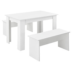 Lot de Table et 2 Bancs Design Ensemble de Meubles de Salle à Manger Stylé pour 4 Personnes Panneau de Particules Mélaminé 110 x 70 x 73 cm Blanc [en.casa] 