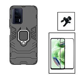 PHONECARE Kit Film Verre Trempé 5D Full Cover + Coque 3X1 Military Defender + Support Renforcé pour Xiaomi Poco F5 Pro - Noir