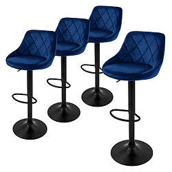 ML-Design Lot 4 tabourets de bar rembourrées velours chaise bleu hauteur réglable 62-82cm