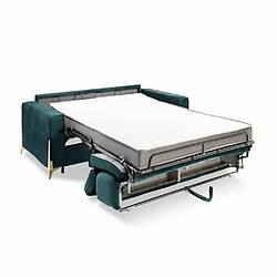 Inside 75 Canapé express ODACIO convertible 140cm têtières réglables matelas épaisseur 16cm pieds dorés velours bleu vert menthe