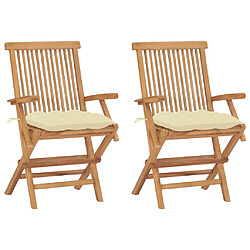 vidaXL Chaises de jardin lot de 2 et coussins blanc crème Teck massif 