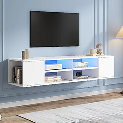 RAVAS Meuble tv blanc polyvalent 140 cm avec éclairage LED, debout et suspendu, téléviseur bas plat pour salon