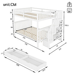 ComfortXL Lit superposé 140x200cm avec étagères d'escalier et deux tiroirs, garde-corps élevé, blanc pas cher