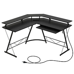 Helloshop26 Bureau d’angle prise de courant station de travail de 130 cm support d’écran plateau pour clavier crochet bureau ergonomique noir 20_0007997