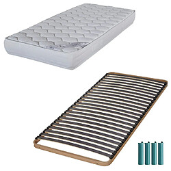 Ebac Matelas et sommier 80x190 Mousse - Montana - Soutien medium - Fabriqué en France Ensemble Montana 80x190. ATTENTION : Veuillez vérifier que cette dimension passe dans les escaliers, couloirs et portes. Sommier : Cadre métal cintré en tube 30 x 30 x 2 mm, lattes en contreplaqué largeur 50 mm épaisseur 8 mm, embouts polypropylène, 4 pie