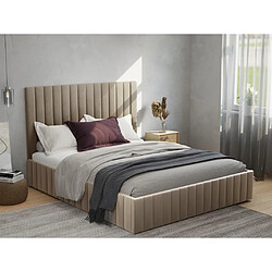 Lit coffre 140 x 190 cm avec tête de lit coutures verticales - Velours - Taupe + Matelas - LARALI de Pascal Morabito 