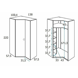 Inside 75 Armoire d'angle pan-coupé droite 2 portes 138 x 220 cm finition chêne blanchis