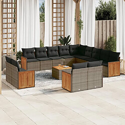 vidaXL Salon de jardin avec coussins 14 pcs gris résine tressée