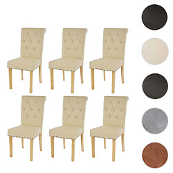 Mendler Lot de 6 chaises de salle à manger Chesterfield II av rivets ~ similicuir crème, pieds clairs