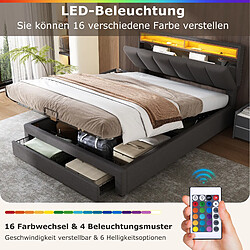 Acheter KOMHTOM Lit Double Rembourré 180 X 200 cm - En Lin - Led - Coffre Hydraulique - Tiroirs - Tête De Lit Escamotable - Gris