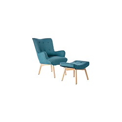 Miliboo Fauteuil design scandinave et son repose pied bleu canard et bois clair BRISTOL