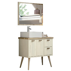 Pegane Meuble Vasque + miroir coloris Pin/Cambrian - Hauteur 93 x Longueur 82 x Profondeur 46 cm 