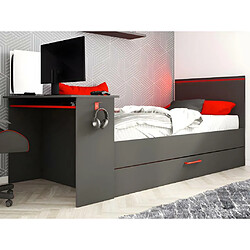 Avis Vente-Unique Lit gigogne gamer2 x 90 x 200 cm - Avec bureau - LEDs - Anthracite et rouge + Sommier - VOUANI