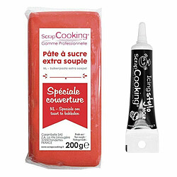 Scrapcooking Pâte à sucre de couverture rouge 200 g + Stylo de glaçage noir 