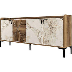 Hanah Home Buffet en aggloméré 4 portes Venedik noyer + marbre blanc. Buffet en aggloméré 4 portes Venedik noyer + marbre blanc