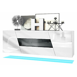 Mpc Buffet Suspendu Corps Blanc Mat, Façades Blanc Brillant, Tiroir Central Noir Haute Brillance + LED