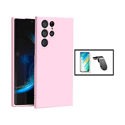 Jeu de films en verre trempé de la couverture 5D + Cas de silicone liquide + SuppOrt Magnétique L Voiture de conduite sécuritaire Phonecare pour Samsung Galaxy S24 Ultra 5G - rose