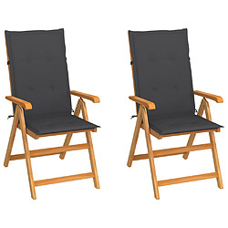 vidaXL Chaises de jardin lot de 2 et coussins anthracite Bois de teck 