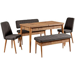 Hanah Home Ensemble repas table chaises et banc Vina noyer et anthracite. Ensemble repas table chaises et banc Vina noyer et anthracite