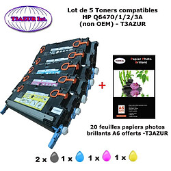 5 Toners génériques HP 501A, Q6470A, Q6471A, Q6472A, Q6473A + 20f papiers photos A6 -T3AZUR