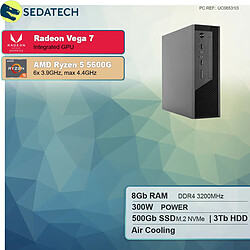 Sedatech Mini-PC Evo • AMD Ryzen 5 5600G • Radeon Vega • 8Go RAM • 500Go SSD M.2 • 3To HDD • DVD-RW • sans OS