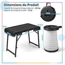 Avis Helloshop26 Ensemble de table et 2 tabourets pliants extérieur tabouret led rétractables avec 3 effets de lumière pour camping pêche noir 20_0005301