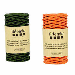 Artemio 2 bobines fil kraft vert bouteille/orange 2mm x 25 m