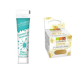 Scrapcooking Gel colorant alimentaire bleu turquoise + paillettes dorées