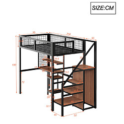 LBF Lit mezzanine 90x200 avec échelle de sécurité, lit enfant avec armoire à structure en fer et table d'ordinateur noir