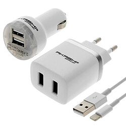 Chargeur secteur 4.2A + Allume-cigare 4.2A + Câble iPhone iPad iPod Akashi Blanc