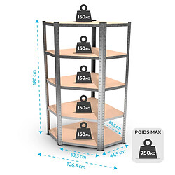 Eurospen Étagère d'angle polyvalente en métal - Charge lourde Max 750kg - 180 x 90 x 45 cm - Gris