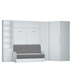 Inside 75 Composition lit escamotable blanc mat DYNAMO SOFA canapé accoudoirs blanc mat et gris 2 colonnes + angle 140*200 