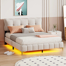 Sweiko Lit adulte Lit capitonné lit double avec lumières LED avec dossier velours Lit 160 x 200 cm beige