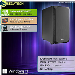 Sedatech Pack Workstation Silent • AMD Ryzen 9 5950X • RTX4060Ti • 32Go RAM • 1To SSD M.2 • Windows 11 • Moniteur 28"