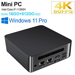 VANWIN Mini PC Intel Core i7-11390H(jusqu'à 4,3 GHz)16Go RAM DDR4 512Go M.2 NVME SSD Mini Ordinateur Bureau Soutien win11 Ubuntu RJ45*2 HDMI*3 WiFi 6 BT5.8-Noir