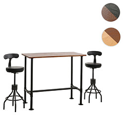 Mendler Set table de bar + 2x tabourets de bar HWC-N21, hauteur réglable pivotant repose-pieds, métal industriel similicuir ~ brun, noir