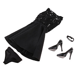 4 en 1 Robe Dentelle Sexy Noir + Chaussures à Talons Hauts + Bande de Cou + Culotte Pour Figurines Phicen Poupée 12 '' Robe en dentelle noire